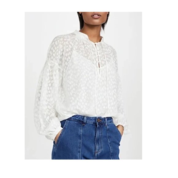 FRAME Spot Jacquard Silk Blend Smocked Peasant Top In Off White - Picture 1 of 16